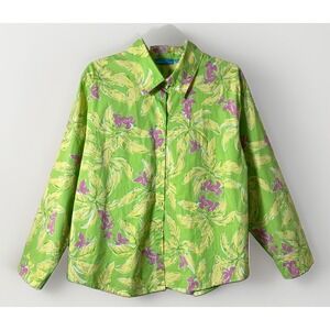 Cotton Connection Long Sleeve Lime Green Tropical Button Down Blouse Women's  XL